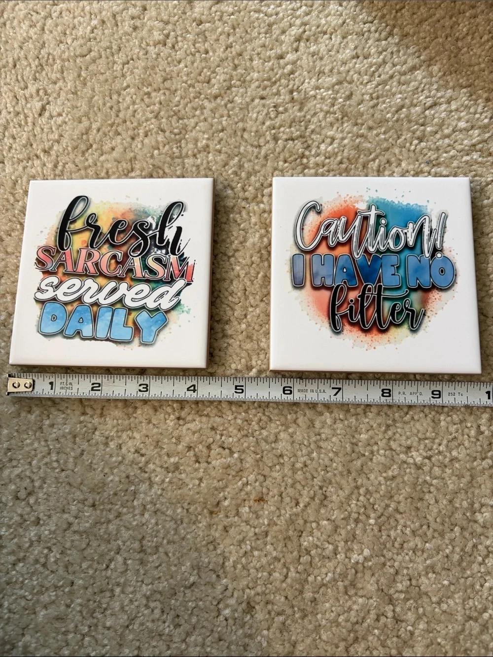 Set of 2 Humorous Ceramic Tile Coasters - Blue,Orange,Teal,White Accents - NWOT